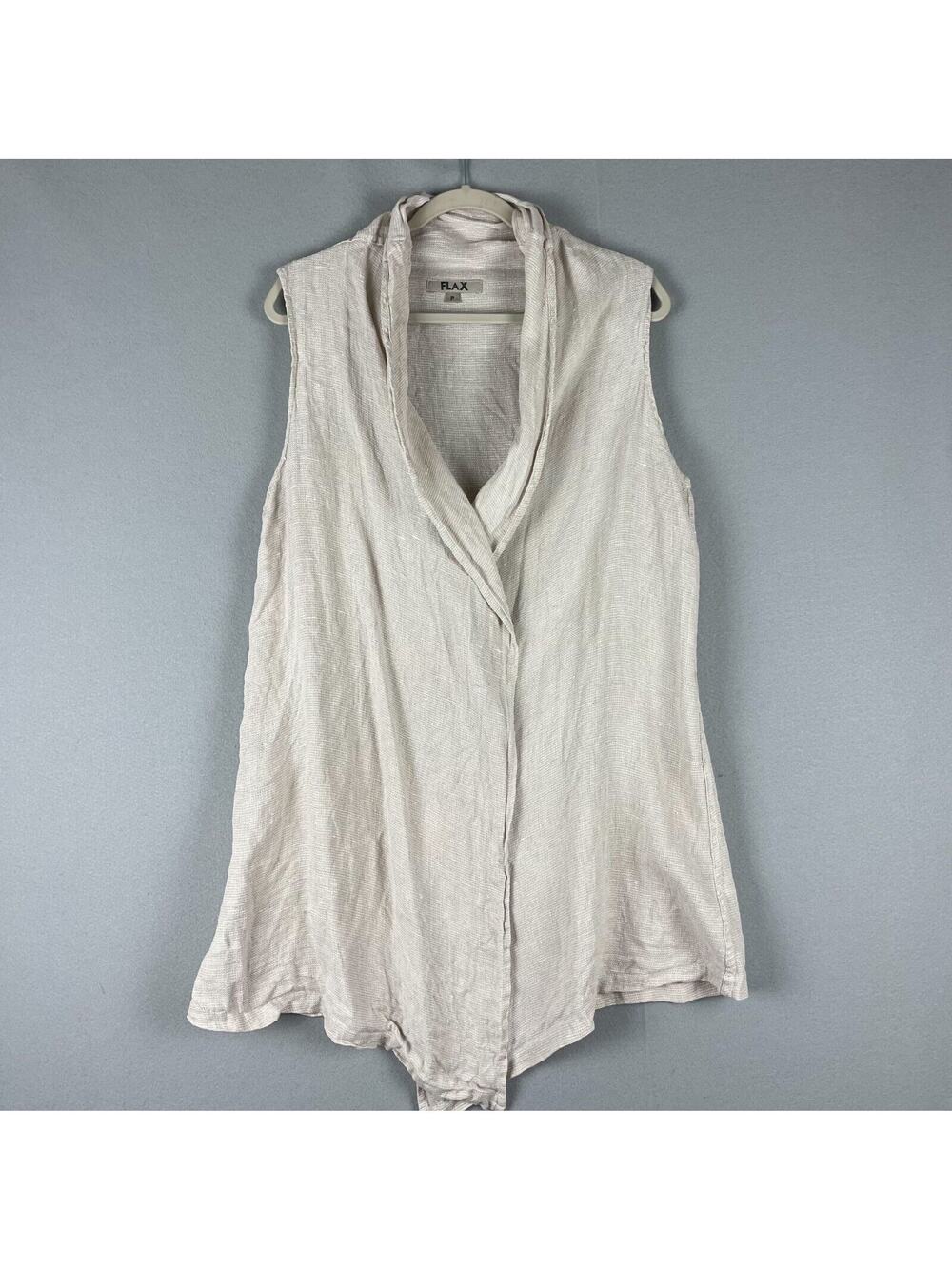 Flax Linen Long Cardigan Women P 4/6 Beige Sleeveless Lagenlook Gauzy Coastal